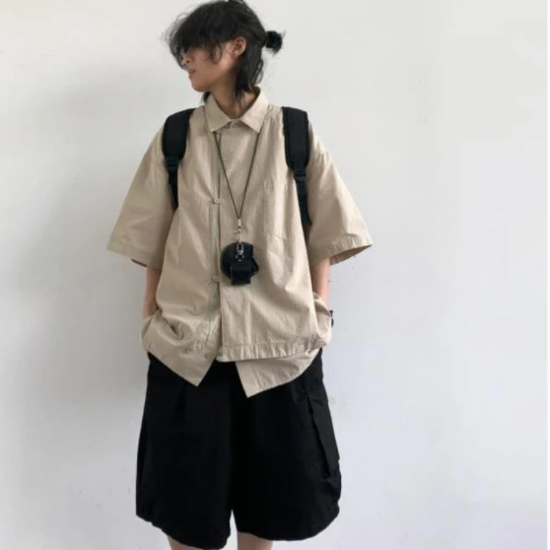 Ensemble coréen pour hommes, chemise à manches courtes + plusieurs poches, Short d'outillage, couleur unie, rétro, tendance d'été, ensemble deux pièces