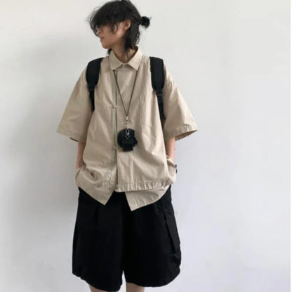 Ensemble coréen pour hommes, chemise à manches courtes + plusieurs poches, Short d'outillage, couleur unie, rétro, tendance d'été, ensemble deux pièces