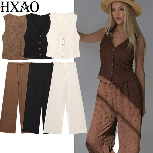 HXAO femmes deux pièces ensemble Texture pantalon ensembles sans manches gilet haut et bas ensemble femmes été Baggy pantalon ensemble 2 pièces ensembles décontractés