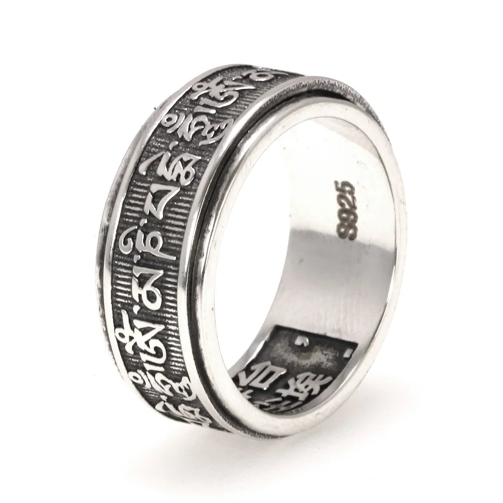 Bagues Vintage en argent Sterling 925 véritable pour hommes, bagues tibétaines rotatives à Six mots Mantra Om Mani Padme Hum, bijoux bouddhistes