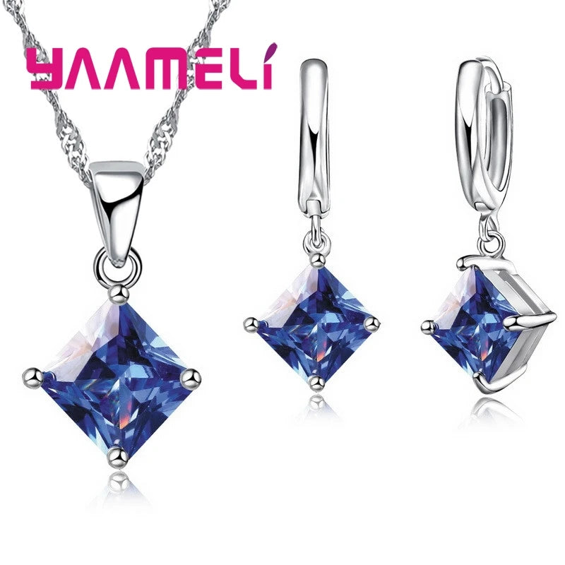 Ensembles de bijoux en argent regardé 925 pour femmes, boucles d'oreilles carrées à géométrie simple, collier en cristal,