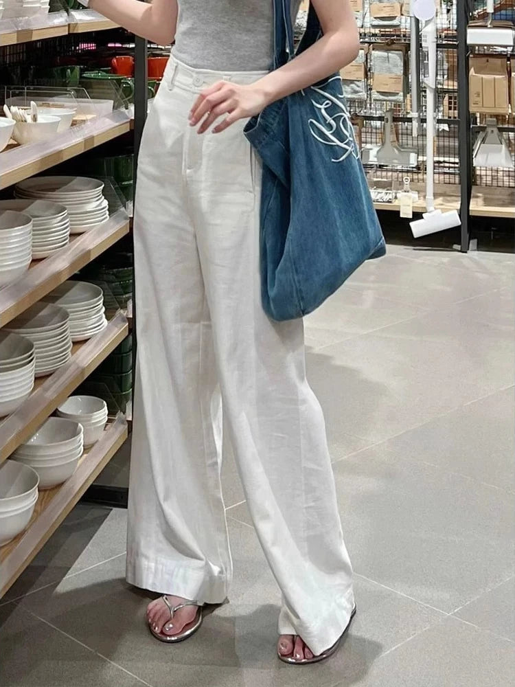 Début du printemps nouveau Style blanc coton lin pantalon à jambes larges taille haute tombant minceur pantalon droit décontracté vêtements pour femmes