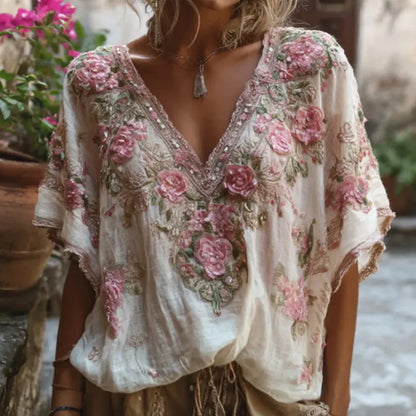 T-shirt à manches courtes pour les déplacements, ample, décontracté, col en v, Jacquard, chemisier à la mode, dentelle brodée, pulls floraux, été