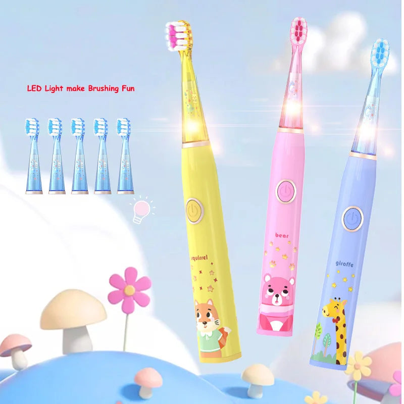 Brosse à dents électrique sonique pour enfants, dessin animé avec lumière LED colorée, étanche IPX7, nettoyage total des dents, brosse à dents de soin Rechargeable