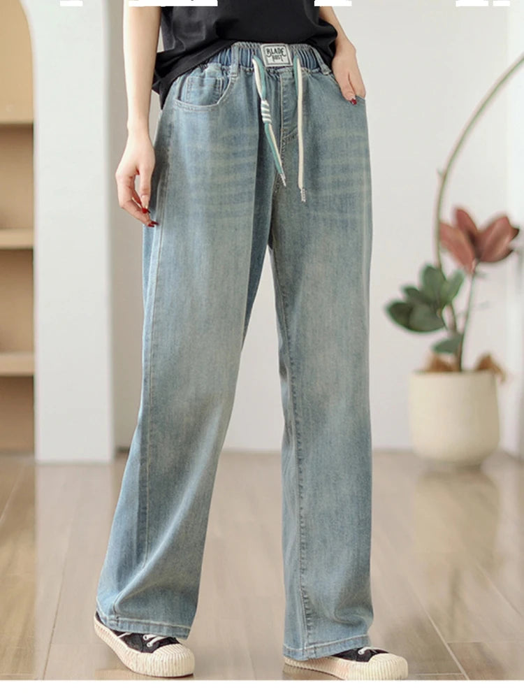 Jean élastique taille haute pour femme, pantalon en denim bleu, jambe large, droit, proximité, décontracté, printemps, automne, 8039