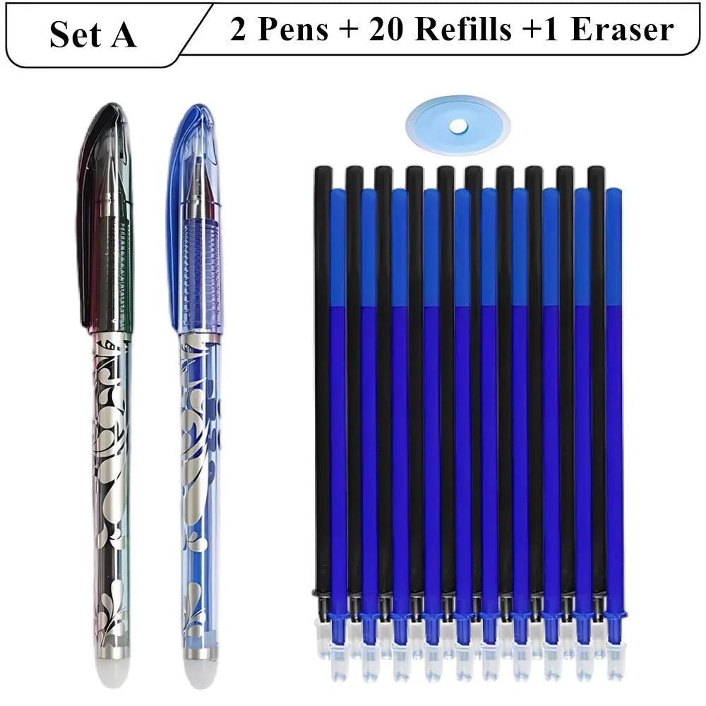 2 stylos Gel effaçables + 20 recharges + 1 gomme, encre magique de 0.5mm en noir bleu rouge vert,