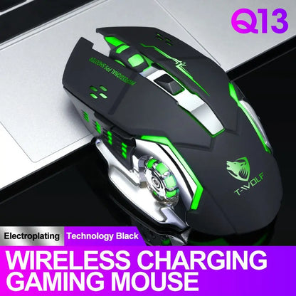 Souris de jeu sans fil 6 touches Rétroéclairage RVB Souris de jeu Bluetooth 2.4G Connexion USB Double mode Batterie rechargeable 3 niveaux DPI T-WOLF Q13 Clic silencieux Conception ergonomique