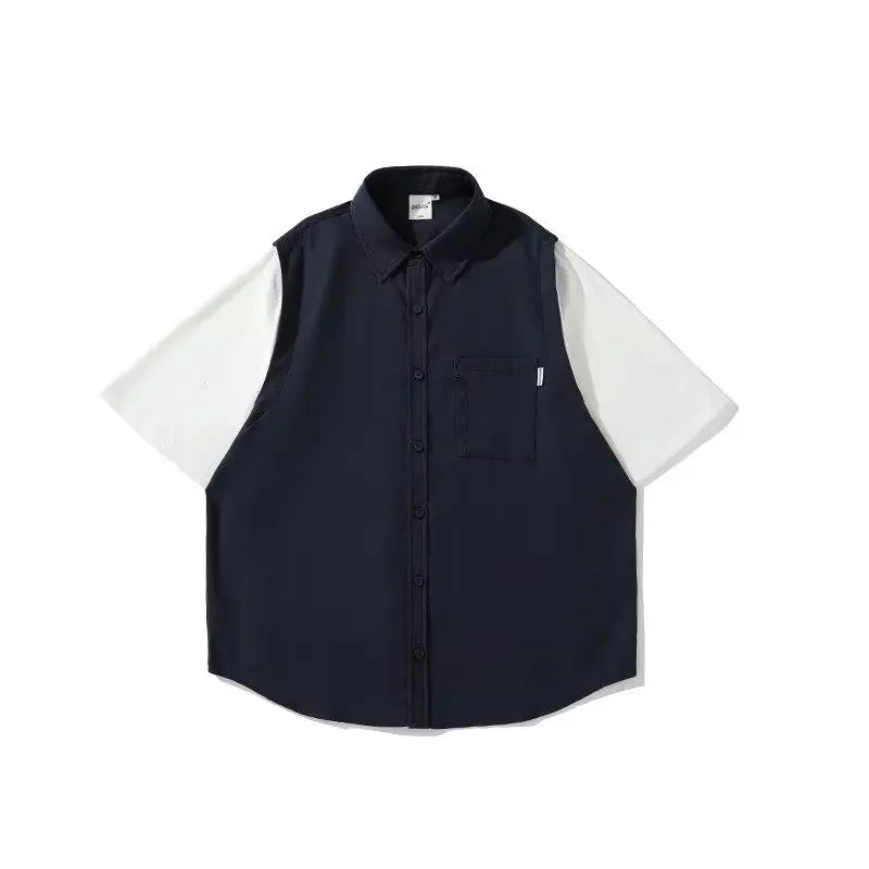 Ensemble deux pièces patchwork japonais pour hommes, chemises et pantalons cargo à manches courtes, faux deux demi-manches, poches, décontracté, couple, été