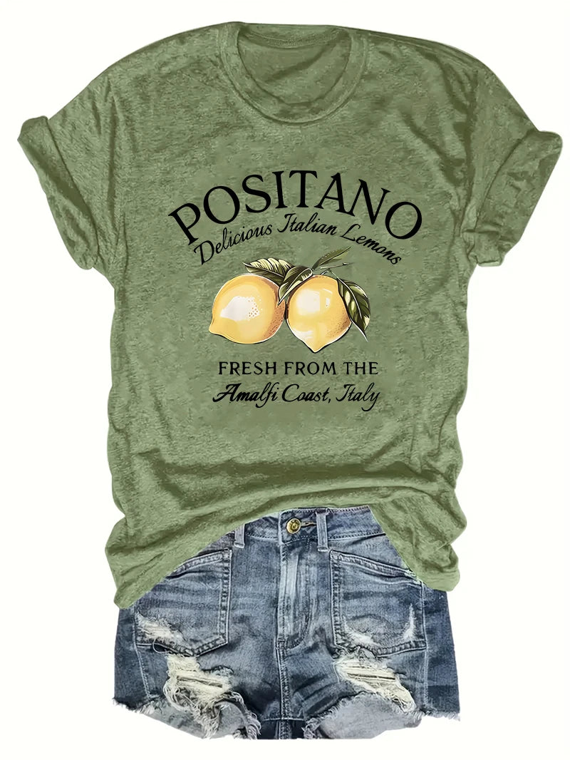POSITANO lettre citron imprimé graphique femmes t-shirt à manches courtes col rond été décontracté hauts pour femmes vêtements