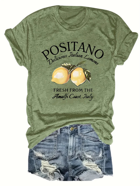 POSITANO lettre citron imprimé graphique femmes t-shirt à manches courtes col rond été décontracté hauts pour femmes vêtements