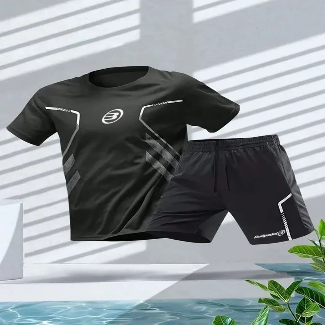 2025 nouveaux hommes été tennis formation lettre imprimer micro élastique respirant col rond T-shirt ensemble short et haut vêtements de sport en plein air