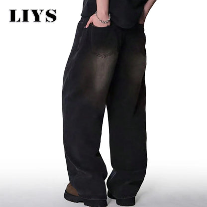 Jean quatre saisons pour hommes Version coréenne étudiant pantalons décontractés haute rue droit ample jambe large Jean noir gris bleu Baggy Jean