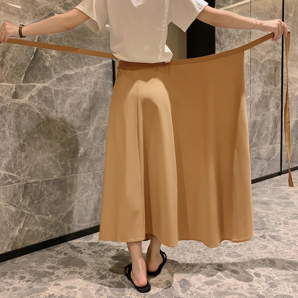 Printemps été automne plage jupe femmes 9 couleurs taille haute côté cravate décontracté jupe portefeuille femme solide élégant Midi jupe vêtements