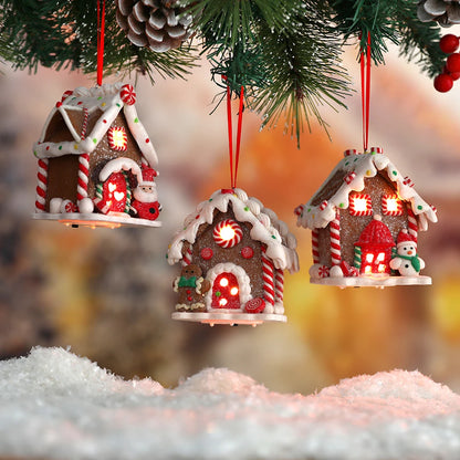 Thème de noël pendentif LED bonhomme de neige pain d'épice père noël maison lumineuse poterie douce arbre suspendu maison décoration de fête du nouvel an