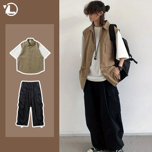 Ensemble deux pièces patchwork japonais pour hommes, chemises et pantalons cargo à manches courtes, faux deux demi-manches, poches, décontracté, couple, été