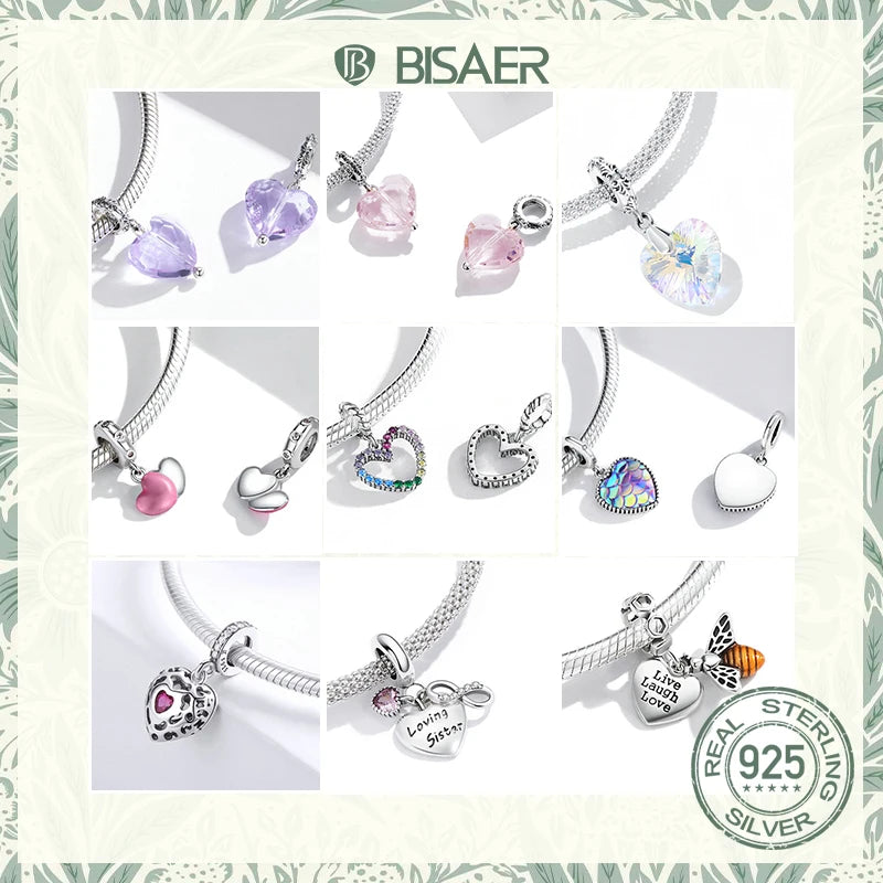 BISAER 925 en argent Sterling coeur série breloque perle coloré Zircon pendentif ajustement famille fête des mères anniversaire Bracelet bijoux à bricoler soi-même