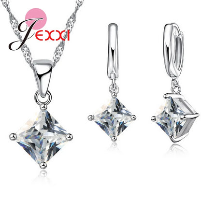 Ensemble de bijoux de mariage en argent regardé 925 pour femme, beaux pendentifs, colliers et boucles d'oreilles, ensembles de bijoux en cristal clairs et carrés, 8 couleurs
