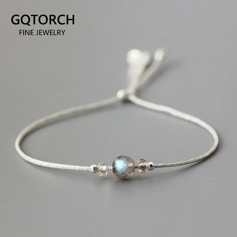 Bracelet en pierre de lune fait à la main, corde fine avec cristal naturel, perles en argent Sterling 925, Bracelets personnalisés pour femmes