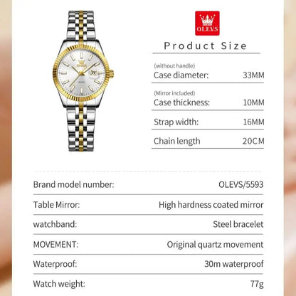 OLEVS-Montre à Quartz de Marque de Luxe pour Femme, en Acier Inoxydable, Étanche, Veilleuse, Élégante, d'Affaires, 5593
