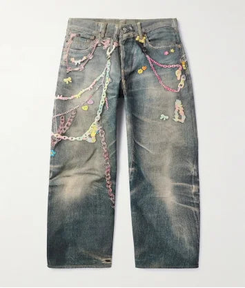 Jean en denim ample à jambes larges, style de rue, rétro, chaîne de bonbons imprimée neutre, nouveau couple, pantalon ample taille basse, printemps et été
