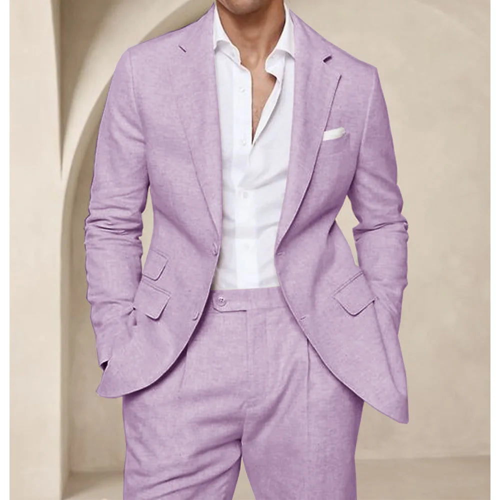 Costume deux pièces en lin pour hommes, Cool, respirant, élégant, mode, Design Slim, robe de mariée, vêtements de travail, confortable, nouveau, été