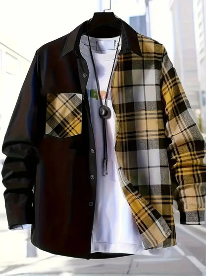 2025Men's printemps automne décontracté à manches longues chemise mode Patchwork Plaid conception simple boutonnage chemise manteaux confortable Cardigan