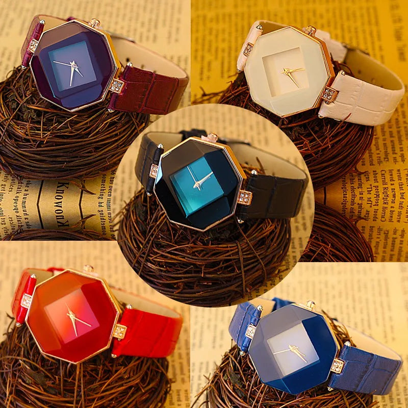 Relogio Femin37- Montre-bracelet à quartz analogique pour femme, bijou géométrique, coupe gemme exquise, bracelet en cuir bleu, à la mode