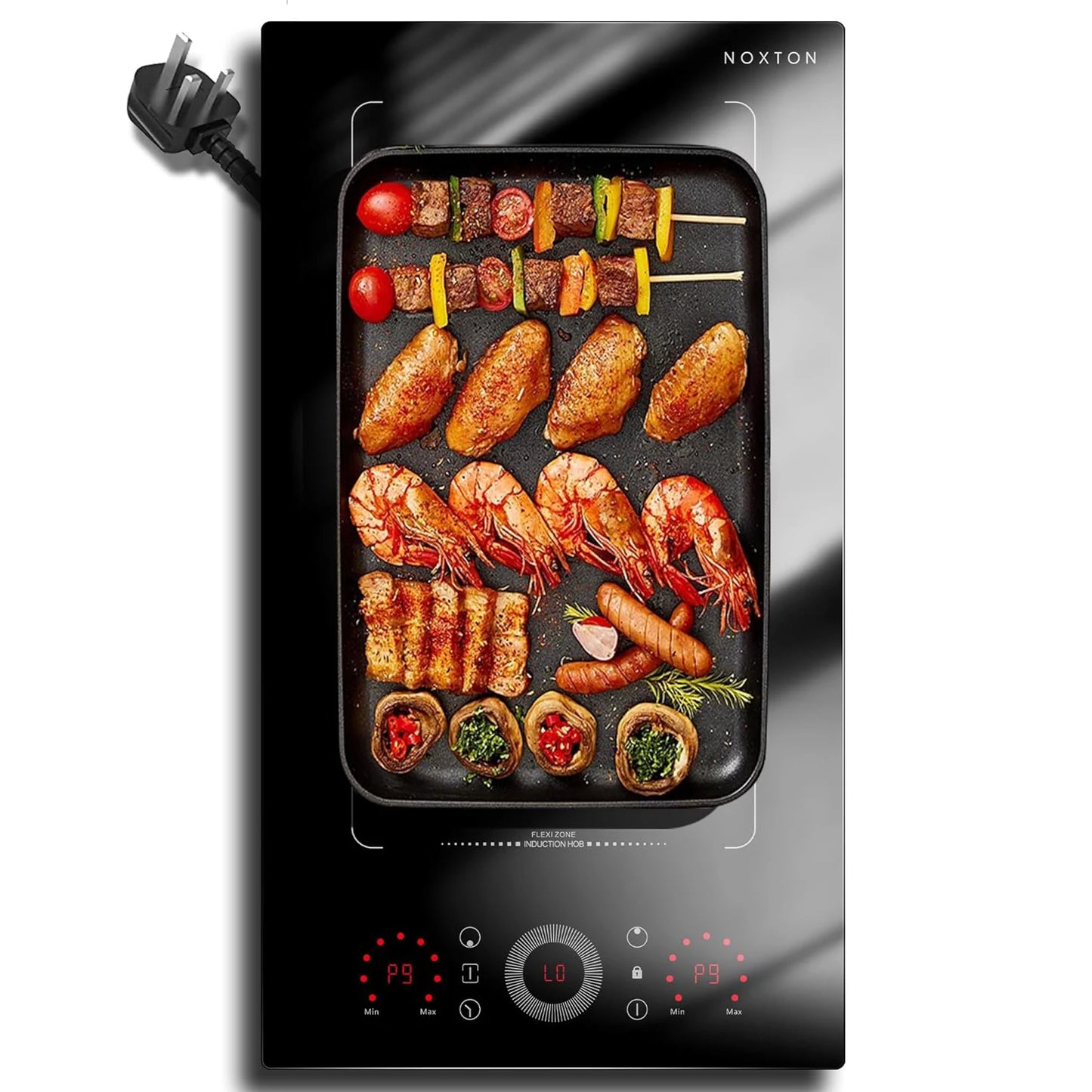 NOXTON Plaque à induction 2 feux,  Plaque de cuisson électrique encastrée, zone de gril flexible, anneau coulissant tactile, 220-240V fil rigide/prise de courant