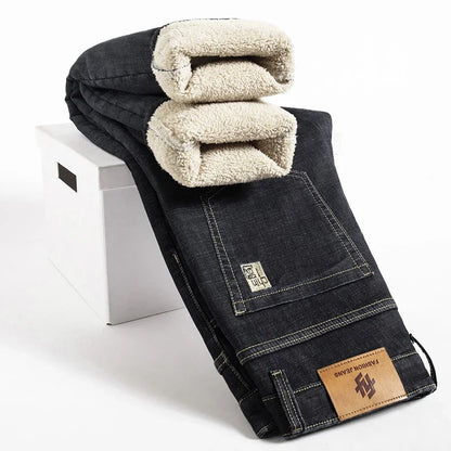 Hiver agneau peluches Denim pantalon droit hommes épaissir grande taille 40 jean taille haute Stretch jean doublé polaire chaud mince Vaqueros