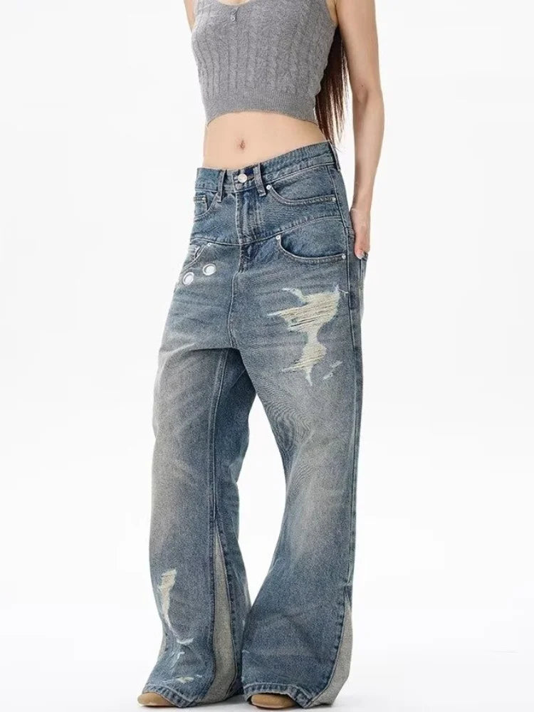 Trashy Y2K 2000S Vintage bleu Patchwork Baggy empilé déchiré jean pantalon pour femmes Designers vêtements décontracté dame Denim pantalon