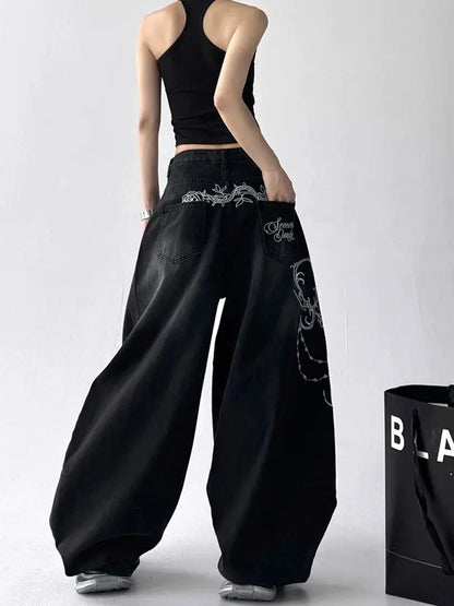 Rue rétro ligne américaine modèle jean décontracté femmes 2025 été nouvelle mode taille haute ample jambe large jean Biack Y2K jean