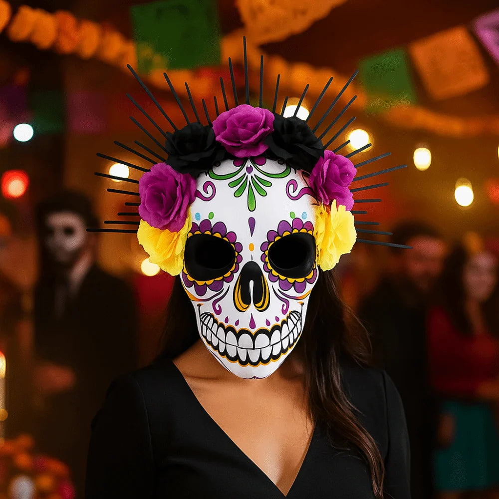 Masque du jour des morts mexicains d'halloween, masque complet pour les yeux, masque de fête d'halloween, couvre-chef, masque de crâne tridimensionnel, carnaval