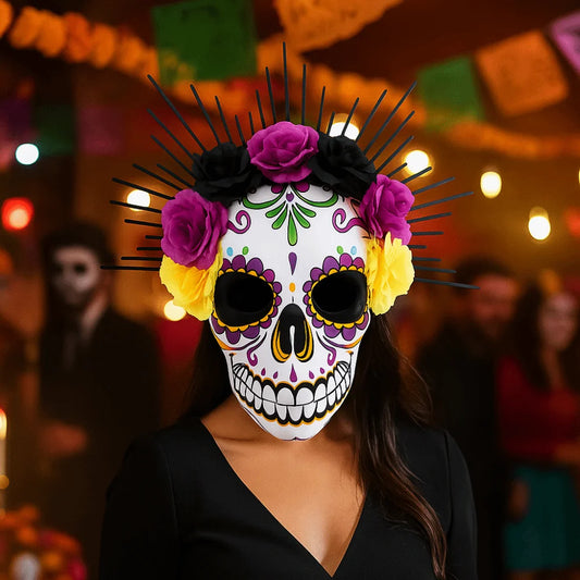 Masque du jour des morts mexicains d'halloween, masque complet pour les yeux, masque de fête d'halloween, couvre-chef, masque de crâne tridimensionnel, carnaval