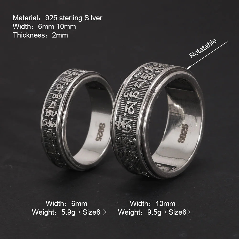 Bagues Vintage en argent Sterling 925 véritable pour hommes, bagues tibétaines rotatives à Six mots Mantra Om Mani Padme Hum, bijoux bouddhistes