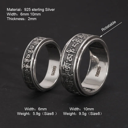 Bagues Vintage en argent Sterling 925 véritable pour hommes, bagues tibétaines rotatives à Six mots Mantra Om Mani Padme Hum, bijoux bouddhistes