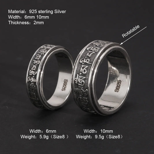 Bagues Vintage en argent Sterling 925 véritable pour hommes, bagues tibétaines rotatives à Six mots Mantra Om Mani Padme Hum, bijoux bouddhistes