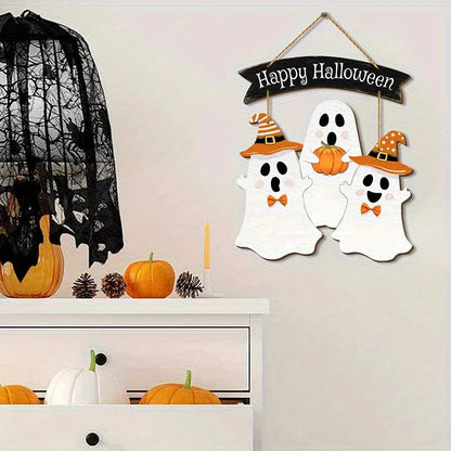 Panneau suspendu en bois pour Halloween |   Décor festif multicolore avec fantômes en costumes et motif citrouille |   Art mural de style bohème