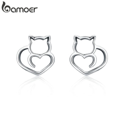 BAMOER-Boucles d'oreilles chat mignon en argent regardé 925 pour femme, bijoux authentiques, petit clou, mode, SCE271