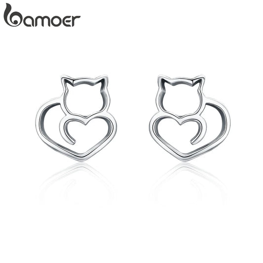 BAMOER-Boucles d'oreilles chat mignon en argent regardé 925 pour femme, bijoux authentiques, petit clou, mode, SCE271