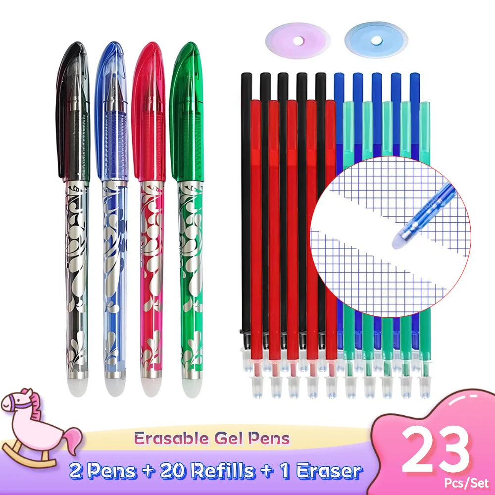 2 stylos Gel effaçables + 20 recharges + 1 gomme, encre magique de 0.5mm en noir bleu rouge vert,
