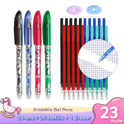 2 stylos Gel effaçables + 20 recharges + 1 gomme, encre magique de 0.5mm en noir bleu rouge vert,