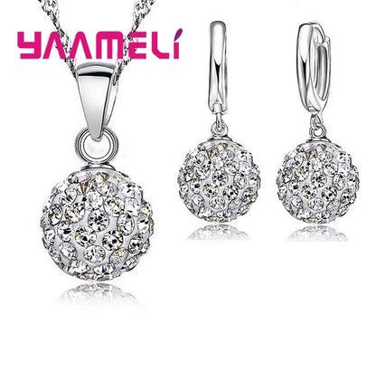 Ensembles de bijoux en argent regardé 925 pour femmes et filles, cadeaux de mariage, cristal autrichien pavé, collier boule CZ Chang, boucles d'oreilles créoles, patients