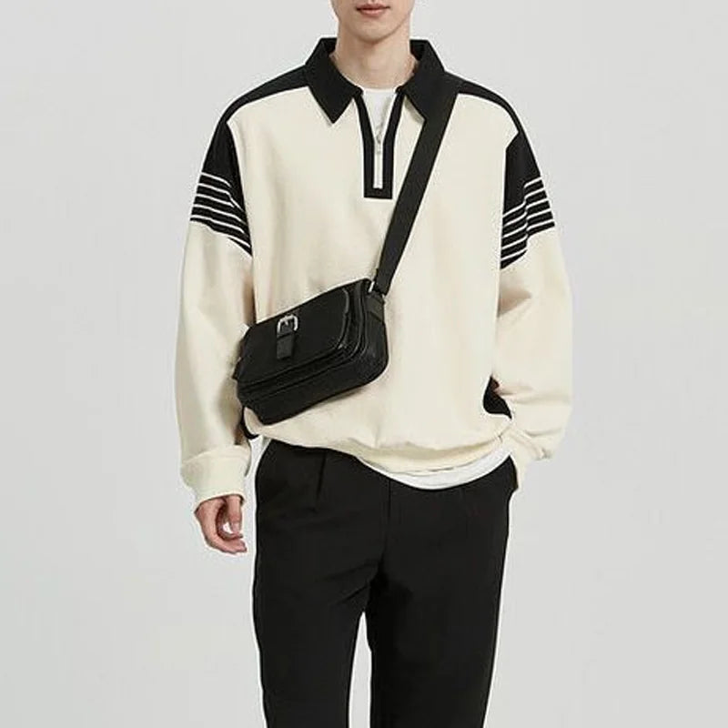 Pull rayé à manches longues pour hommes, demi-fermeture éclair, col polo, plus gros, décontracté, édition coréenne, printemps et automne, nouveau, 2024
