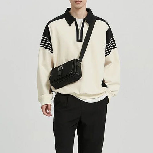 Pull rayé à manches longues pour hommes, demi-fermeture éclair, col polo, plus gros, décontracté, édition coréenne, printemps et automne, nouveau, 2024