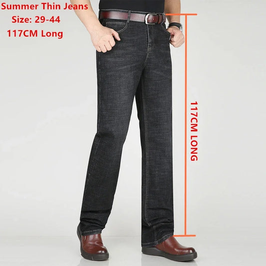 Jean d'été noir 117CM Extra Long grand hommes droit mince étiré taille haute homme Denim pantalon grande taille 42 44 grand pantalon