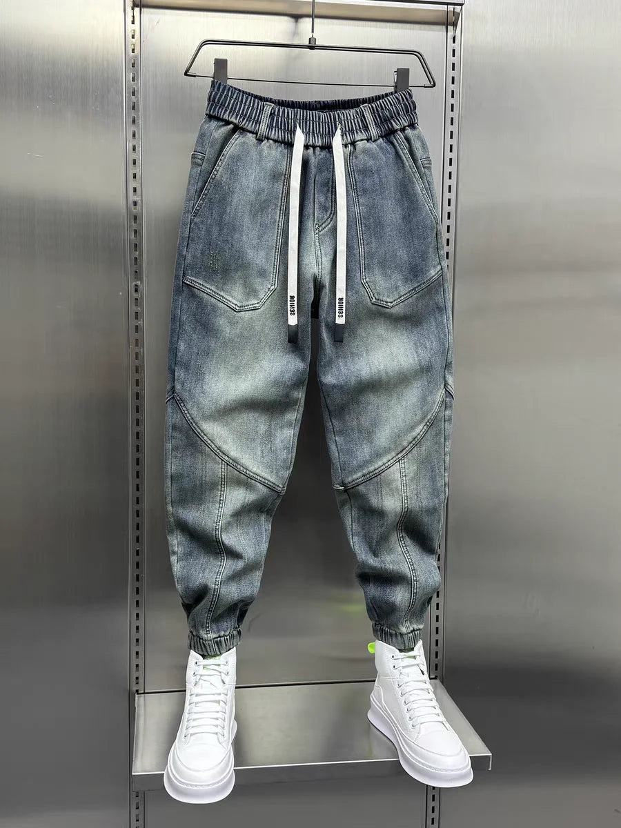 Jean Denim Bleu pour Homme, Pantalon Sarouel, Taille artificiel astique, Poignets, Vêtements de Luxe Décontractés, Mode Printemps-Automne, Nouveau, 2024