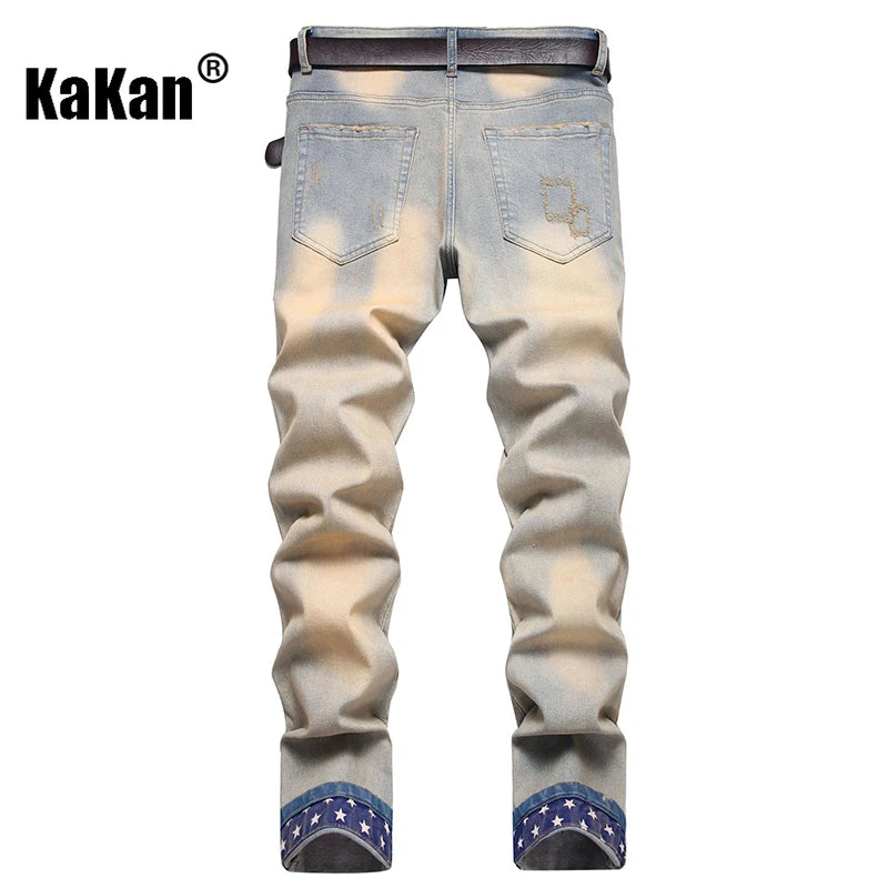 Kakan - Nouveaux jeans longs brodés et brodés européens et américains pour vêtements pour hommes, jeans extensibles à la mode à revers rétro