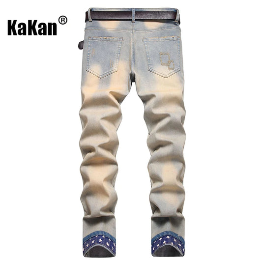 Kakan - Nouveaux jeans longs brodés et brodés européens et américains pour vêtements pour hommes, jeans extensibles à la mode à revers rétro