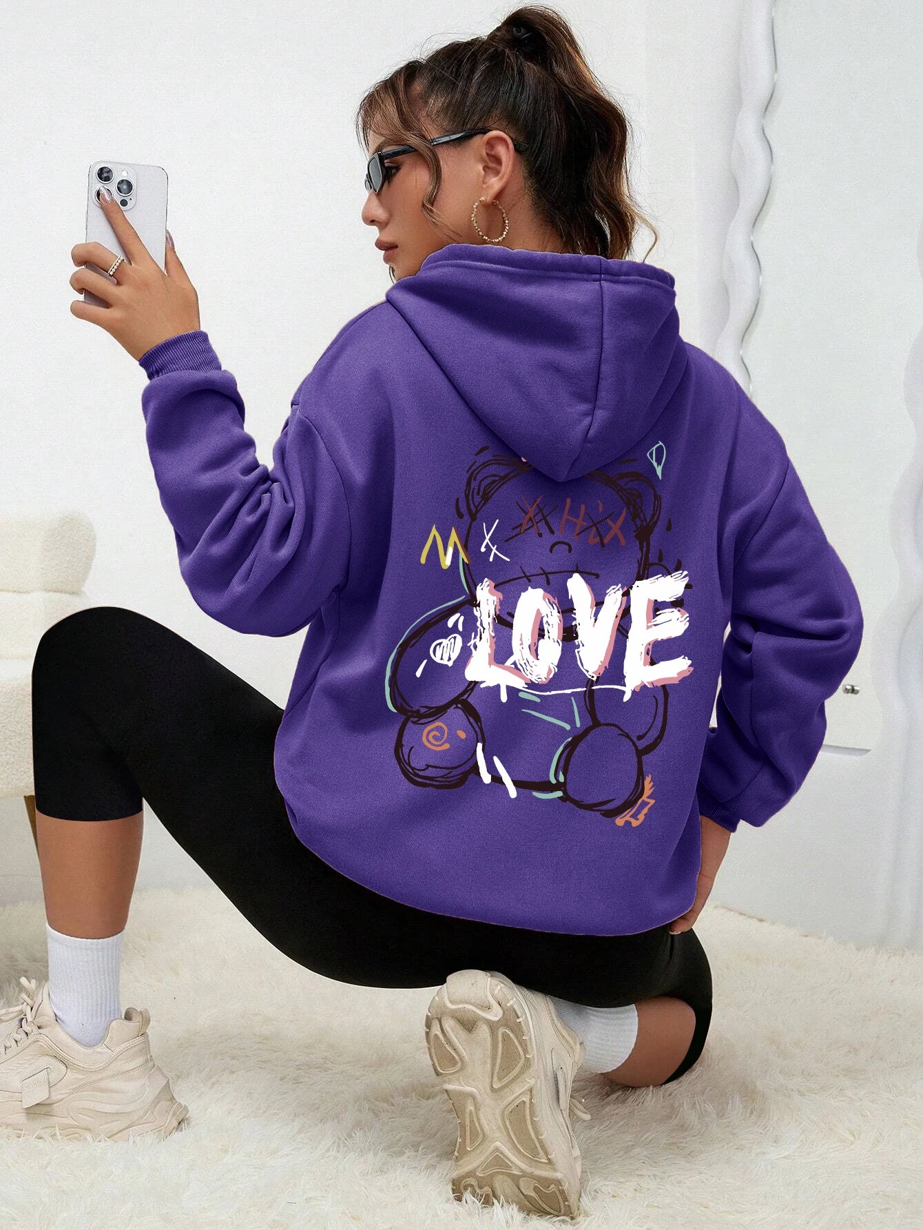 Graffiti ligne ours Simple imprimé femme à capuche Harajuku s-xxl sweat mode décontracté rue à capuche automne chaud Streetwear femmes
