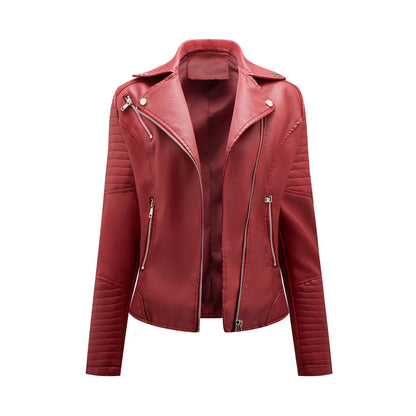 Veste de motard en cuir pour femme, manteau en peau de mouton, rouge, noir, abricot, café, fermeture éclair moto, automne, printemps, 2024